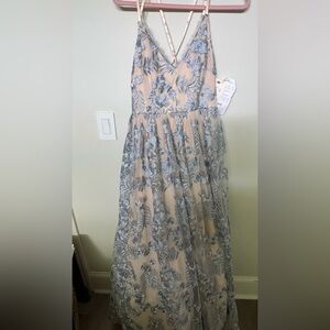 Speechless Embroidered Mesh Dress in Gray and Blue